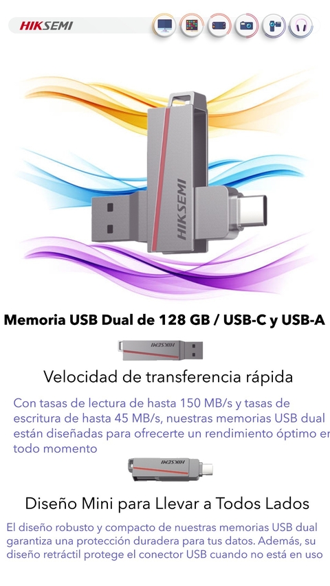 Memoria USB Dual de 128 GB / USB-C y USB-A Transferencia de Alta Velocidad Metálica Compatible con Dispositivos Móviles, Windows, Mac y Linux