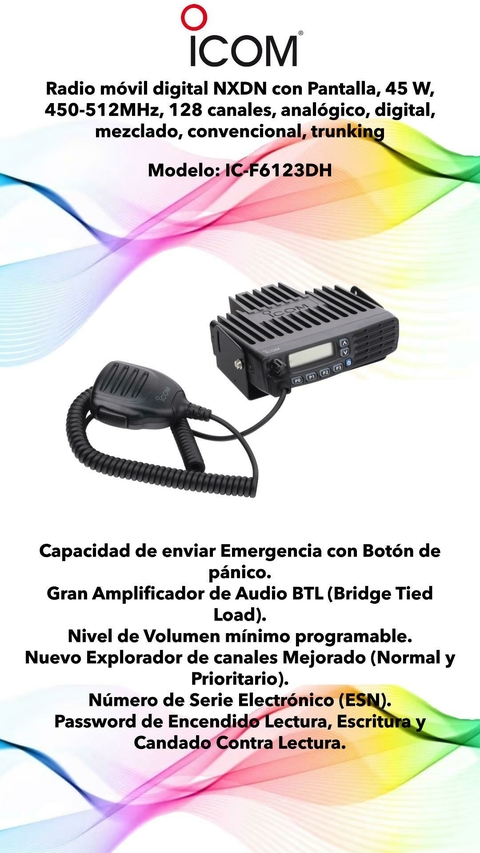 Radio móvil digital NXDN con Pantalla, 45 W, 450-512MHz, 128 canales, analógico, digital, mezclado, convencional, trunking