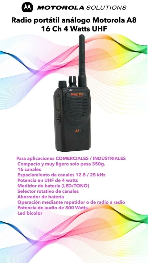 Radio portátil análogo Motorola A8 16 Ch 4 Watts UHF 450-470 Mhz NKP