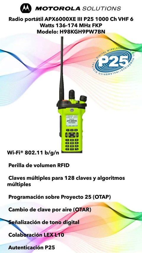 Radio portátil APX6000XE III P25 1000 Ch VHF 6 Watts 136-174 MHz FKP Modelo: H98KGH9PW7BN