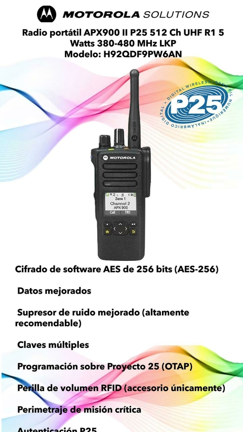 Radio portátil APX900 II P25 512 Ch UHF R1 5 Watts 380-480 MHz LKP Modelo: H92QDF9PW6AN