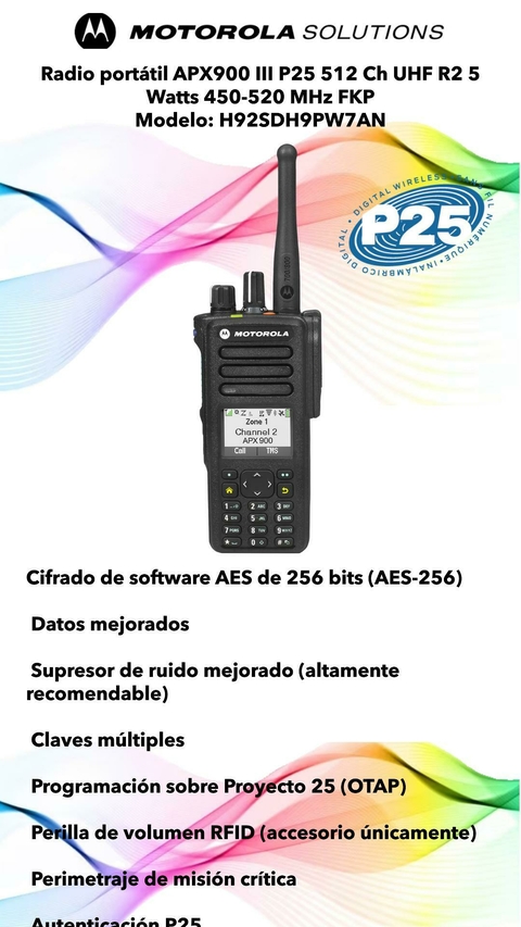 Radio portátil APX900 III P25 512 Ch UHF R2 5 Watts 450-520 MHz FKP Modelo: H92SDH9PW7AN