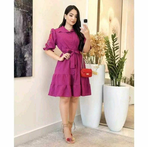 VESTIDO FUCSIA COM DETALHE NAS MANGAS