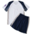 Conjunto Infantil Tottenham 2025/26 Nike, camisa branca com detalhes azul escuro, gola ardósia, calção azul marinho com laterais ardósia