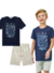Conjunto Infantil de Menino Beach, Camiseta Azul Marinho com Bermuda com Listra - comprar online
