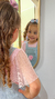 Salopete Jeans Ariel com Tule, Bordado de Concha, Blusa Rosa com Brilho e Manga de Tule - Minily Kids