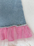 Salopete Jeans Ariel com Tule, Bordado de Concha, Blusa Rosa com Brilho e Manga de Tule - comprar online