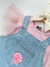 Imagem do Salopete Jeans Ariel com Tule, Bordado de Concha, Blusa Rosa com Brilho e Manga de Tule