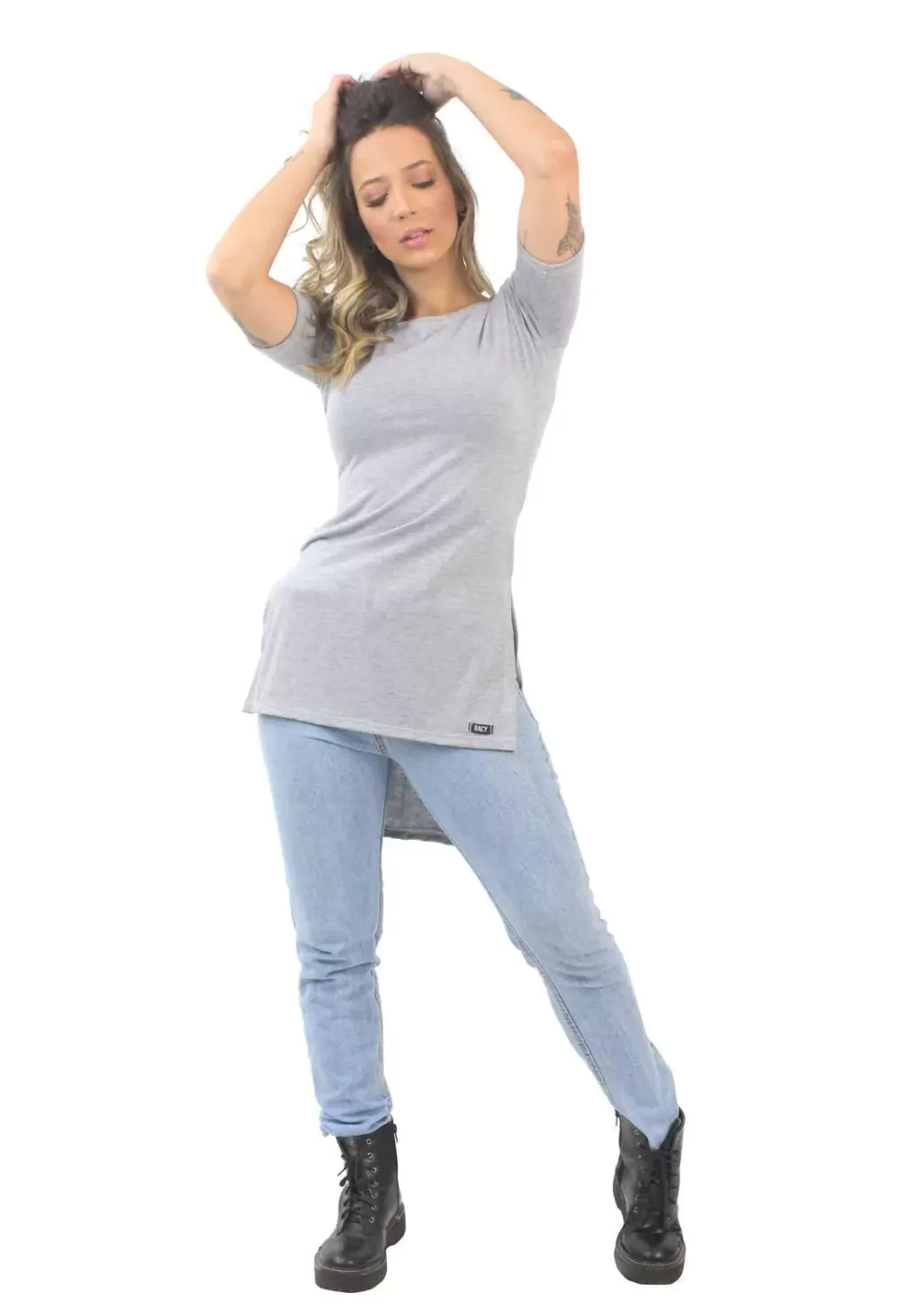 Blusa Feminina Long Line Cinza