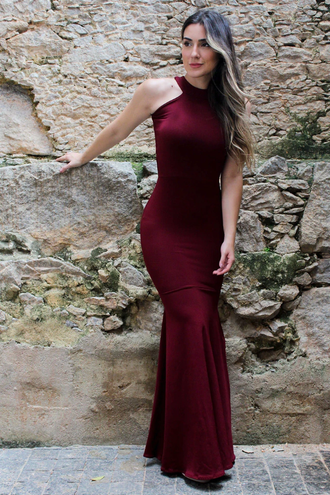Vestido Feminino Longo Detalhe Pescoço Costa Aberta