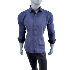 CAMISA SOCIAL MELANGE MANGA LONGA AZUL MARINHO SLIM