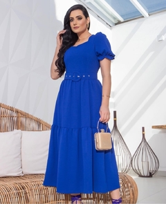 VESTIDO NATALY MAX MIDI DUNA COM CINTO AZUL CANETA