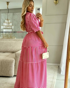 VESTIDO LONGO DUNA BOTÕES ROSA LISTRADO - comprar online