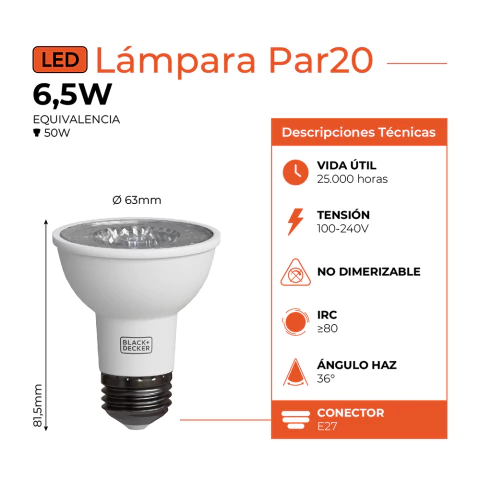 Lampara LED PAR20 6.5W Luz Calida *B+D*