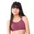 Top de lingerie juvenil magenta, sem bojo, com alças finas ajustáveis. 
Adolescente usando top teen sem costura na cor magenta, com cabelo longo e expressão suave