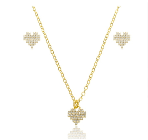 Conjunto Coração Pixel Banhada a Ouro 18K