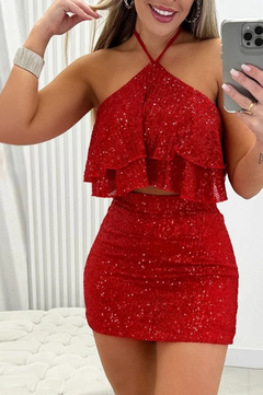 Top e Skorts de lantejoulas femininos, babados de cabeçada, allover, lantejoula.
