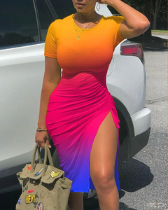 Tinta Respingo Imprimir Cordão Ruched Alta Fenda Vestido Chique Moda Verão. na internet