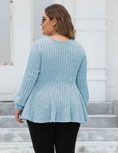 Camiseta peplum com gola V, camisetas de malha com nervura casuais femininas plus size - comprar online