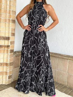 Macacão de cintura elegante feminino, gravata estampada casual, sem mangas, perna larga, Calça longa, roupa de verão na internet