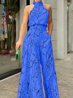 Macacão de cintura elegante feminino, gravata estampada casual, sem mangas, perna larga, Calça longa, roupa de verão - loja online