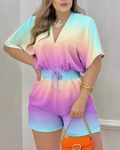 Macacão feminino casual com decote em v manga curta, macacão estampado moda, macacão plissado cintura solta, streetwear verão - comprar online