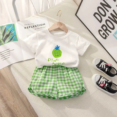 Conjunto de camisetas e shorts de algodão xadrez feminino, roupas infantis na internet