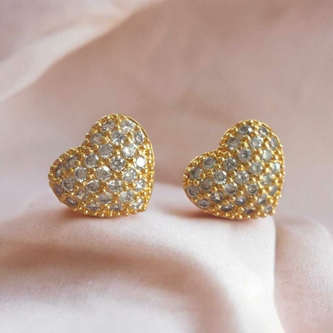Brinco Coração Cravejado 10mm Hipoalergenico Banhado a Ouro 18k Semijoia
