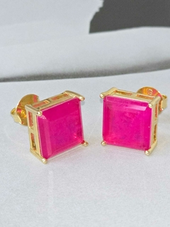 Brincos Quadrado Rosa Cristal Banhado a Ouro 18k Hipoalergênico