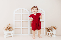 Macacão Curto Vermelho Bordado e Pompom em Algodão Egípcio - comprar online
