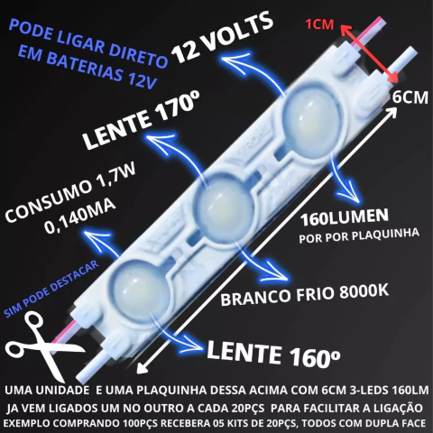 Módulo Injetado 7020 3-leds Ip67 12v 1,7w Frio 6500k Retire GRÁTIS em nossa empresa
