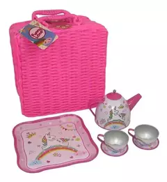 Juego Set De Té Unicornio Canasta Mimbre 7 Pz Juguete Valija