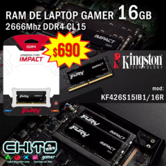 RAM PARA LAPTOP GAMER DDR4 2666mhz 16GB KINGSTON KF426S15IB1/16R