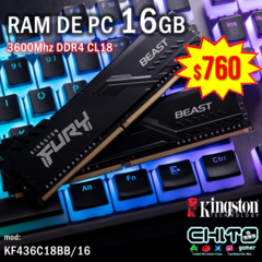 RAM PARA PC DDR4 16GB 3600mhz KINGSTON KF436C18BB/16
