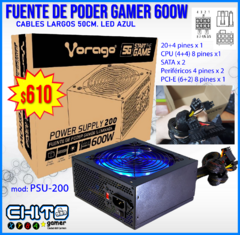 FUERTE DE PODER GAMER VORAGO 600w CABLES LARGOS LUZ AZUL PSU-200