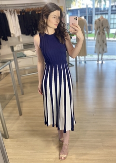 VESTIDO TRICÔ MIDI BICOLOR MARINHO