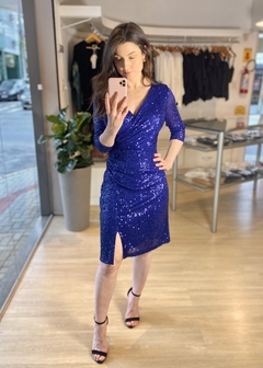 VESTIDO PAETÊ TRANSPASSADO AZUL