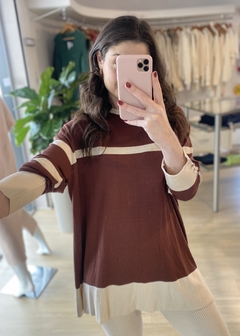 BLUSA AMPLA ALONGADA LISTRADA MARROM COM BEGE - comprar online