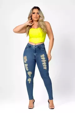 CALCA JEANS SKINNY MODELADORA CINTURA ALTA LEVANTA BUMBUM COM DESTROYED - AZUL