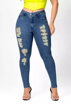 CALCA JEANS SKINNY MODELADORA CINTURA ALTA LEVANTA BUMBUM COM DESTROYED - AZUL na internet