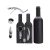 Kit Abridor Saca Rolhas Tampa Dosador Vinho em forma de garrafa, contendo acessórios como saca-rolhas e dosador.