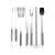 Kit de churrasco luxuoso com 9 peças em inox, incluindo espátula, garfo, faca e pinça, apresentado em maleta.