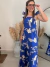 vestido longo feminino azul estampado floral verão alcinha babado com bojo na internet