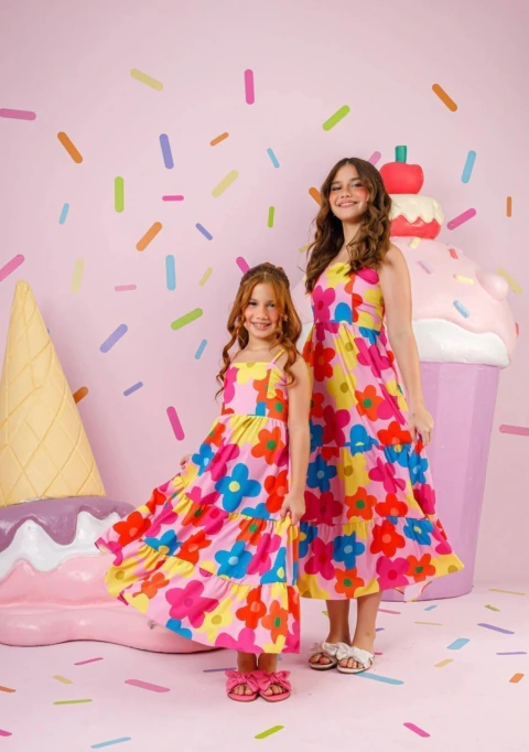 vestido midi / longo infantil e juvenil estampado menina rosa color flores tamanho 8 ao 14 bloguerin