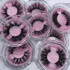 Pestañas postizas largas de visón hechas a mano, caja circular transparente, embalaje personalizado, 25mm, 100%