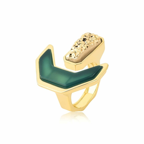 Anel Pedra Natural Ágata Verde e Drusa Ouro - comprar online