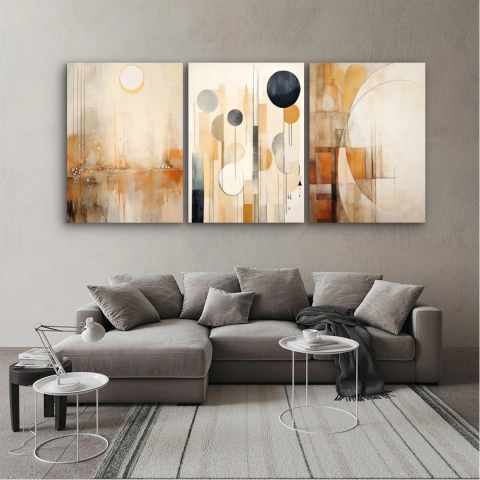 Trio Quadros Decorativos Tela Abstrato Boho Sala 05