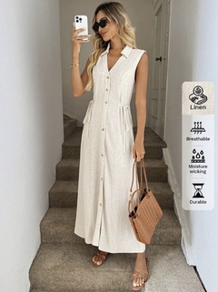 Easowa Vestido elegante de lino para mujer con cuello de camisa, decoración con botones, beis y hasta la pantorrilla, adecuado para primavera/verano, en internet