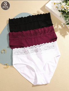 Set de 3 piezas de bragas tipo hipster cómodas con elástico y parches de encaje para mujeres