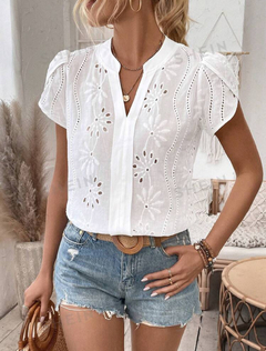 SHEIN LUNE Camisa De Manga Abullonada Con Cuello En V Y Muescas Para Mujer - comprar en línea